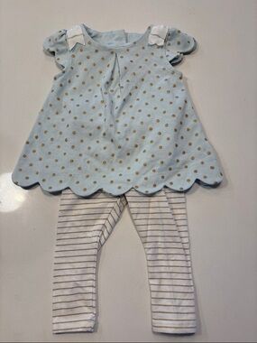 Tahari Light Blue & Gold Polka Dot Baby Dress with Striped Leggings